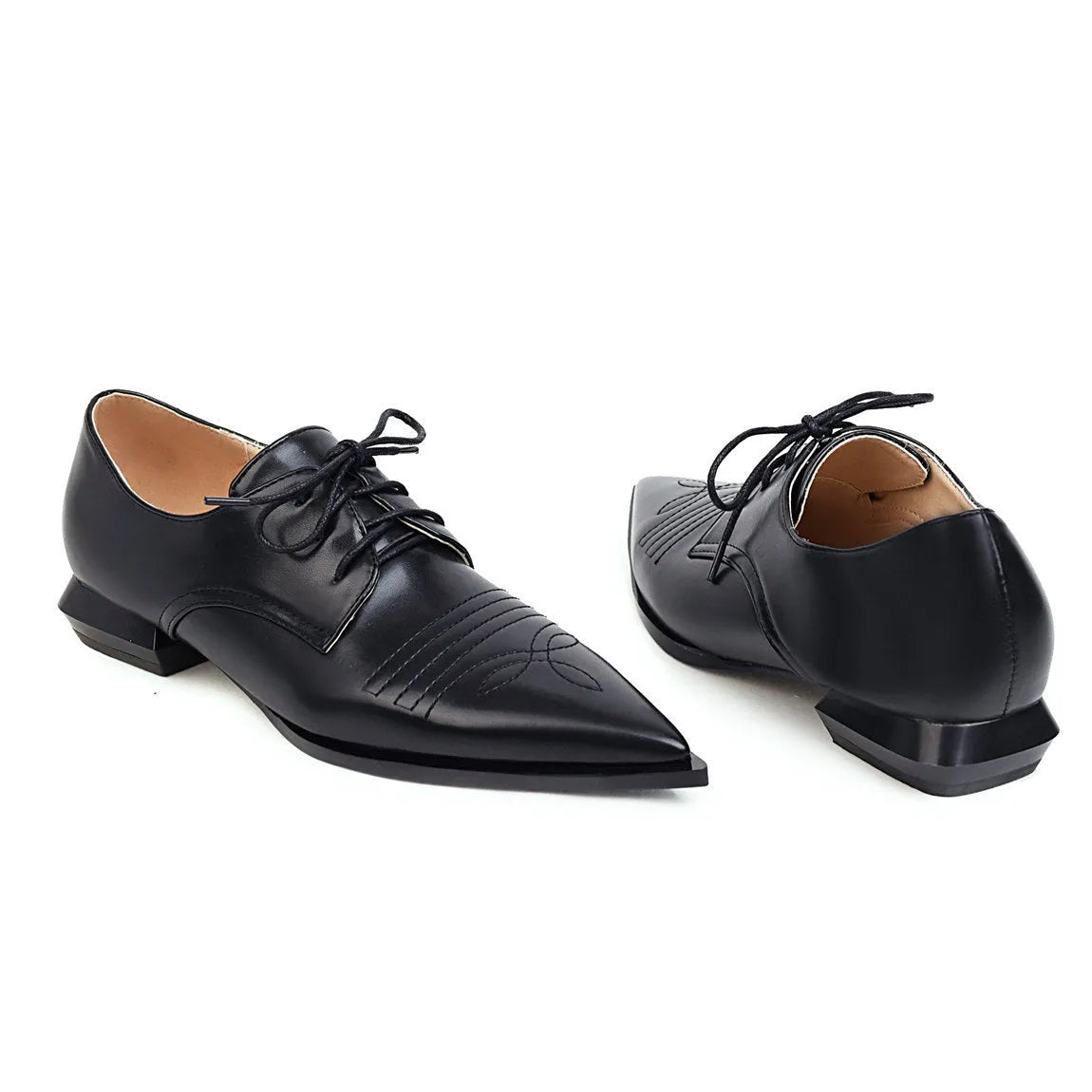 Women's pointed toe low heel lace-up shoes with cross straps, artificial PU upper, black gold or silver