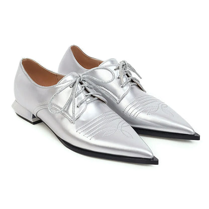 Women's pointed toe low heel lace-up shoes with cross straps, artificial PU upper, black gold or silver