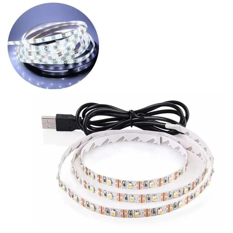 USB-powered flexible LED light strip showing SMD5050 LEDs along 1-metre length with connected USB cable
