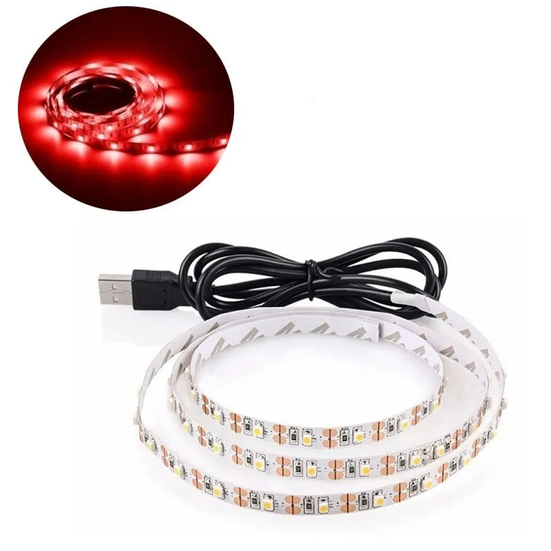 USB-powered flexible LED light strip showing SMD5050 LEDs along 1-metre length with connected USB cable