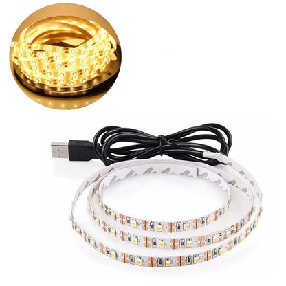 USB-powered flexible LED light strip showing SMD5050 LEDs along 1-metre length with connected USB cable