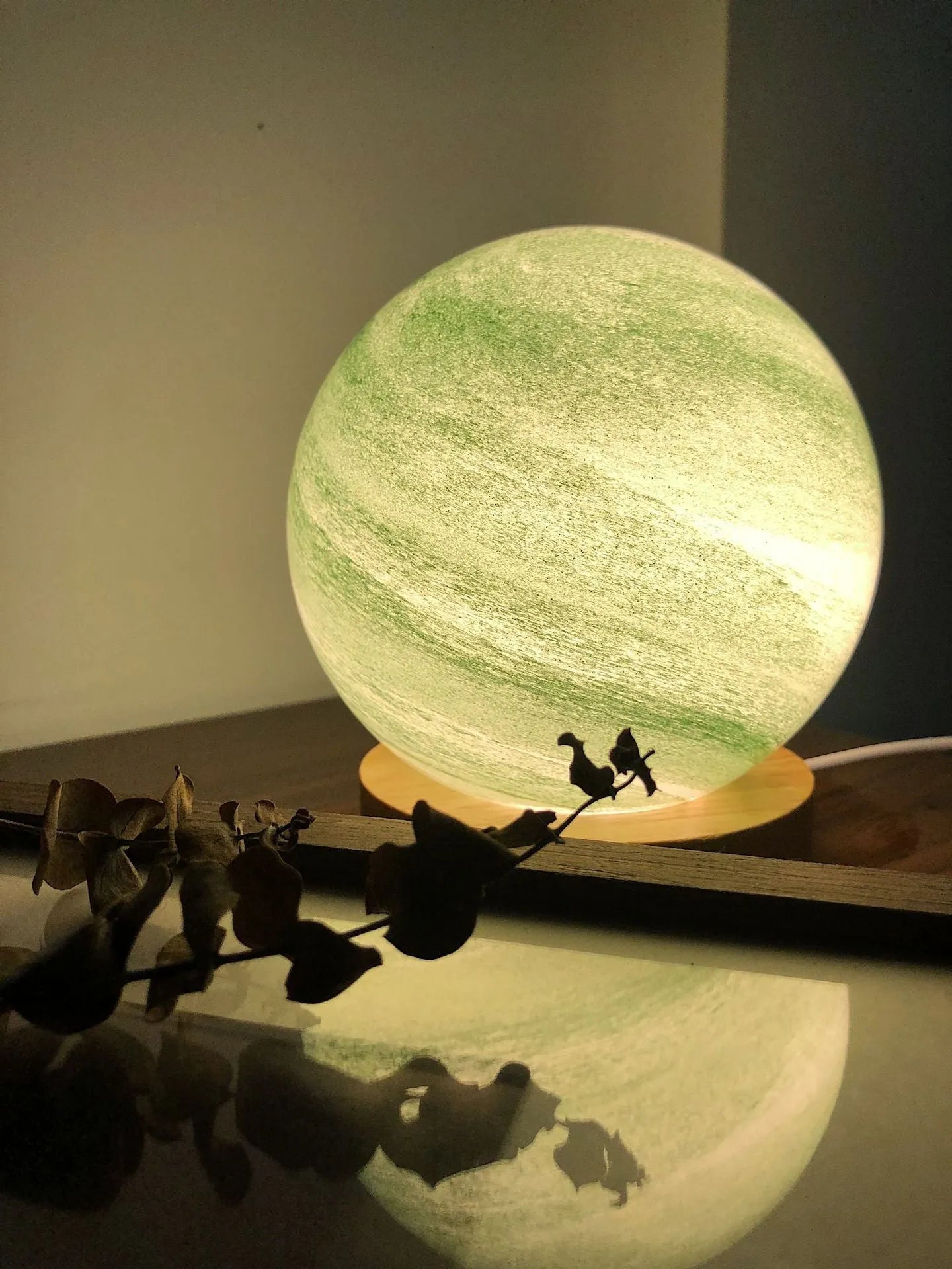 Nordic style table lamp with glass shade in choice of seven colours, USB-powered for bedside use