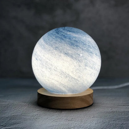 Nordic style table lamp with glass shade in choice of seven colours, USB-powered for bedside use