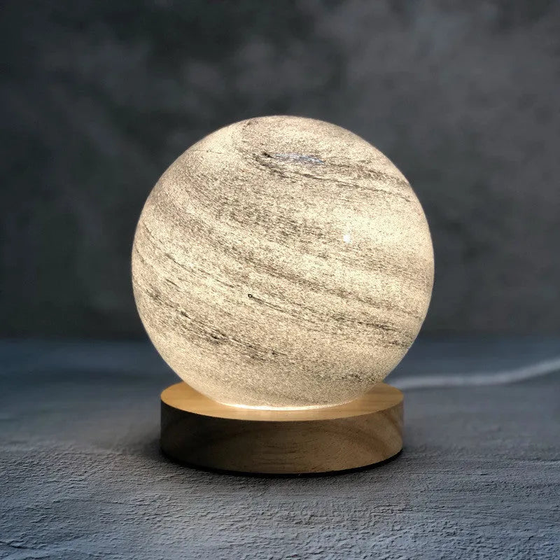 Nordic style table lamp with glass shade in choice of seven colours, USB-powered for bedside use