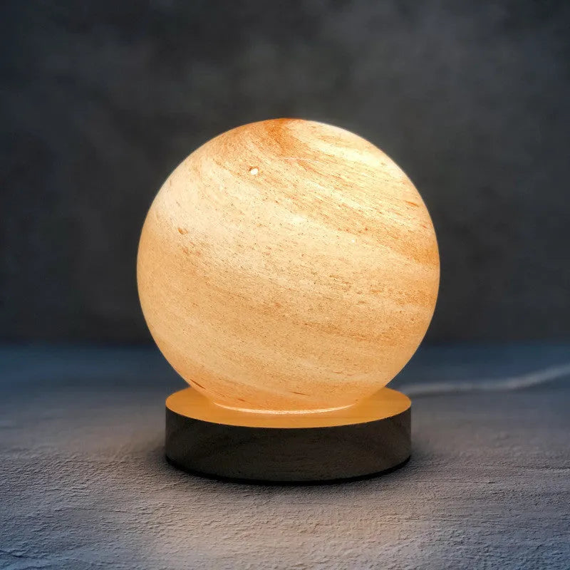 Nordic style table lamp with glass shade in choice of seven colours, USB-powered for bedside use