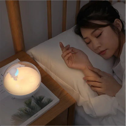 USB cartoon night light with LED illumination in blue or white colours with plastic shade and button switch