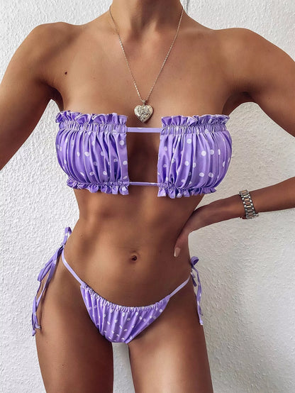 Multicolor pleated hollow bikini for swimming and wading, available in various colors and patterns.