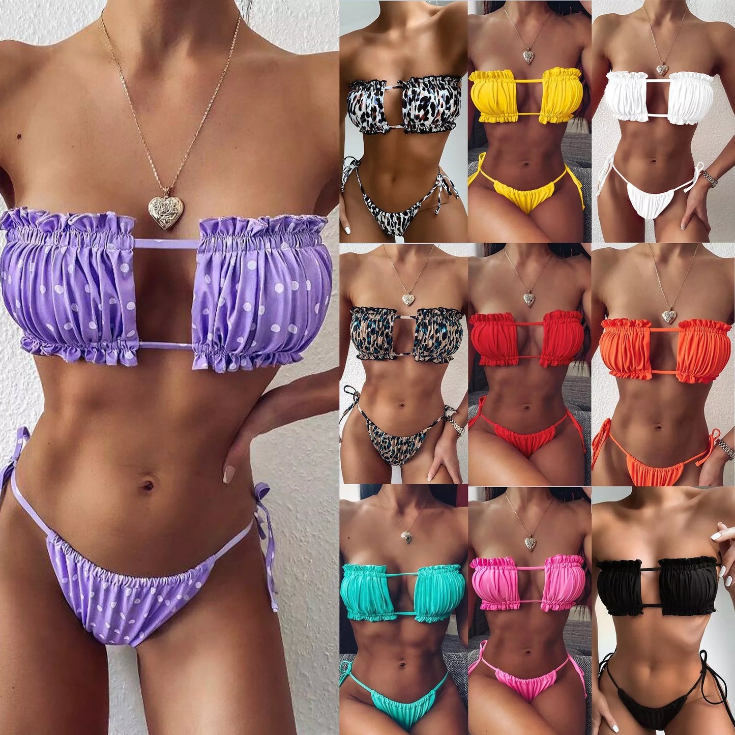 Multicolor pleated hollow bikini for swimming and wading, available in various colors and patterns.