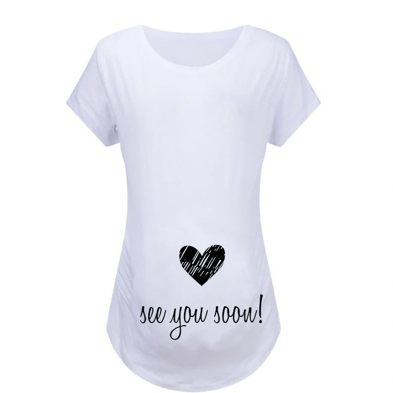 Women's maternity T-shirt with humorous letter print on 50% modal fabric, slim fit design for pregnancy comfort