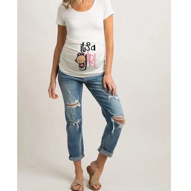 Women's maternity T-shirt with humorous letter print on 50% modal fabric, slim fit design for pregnancy comfort