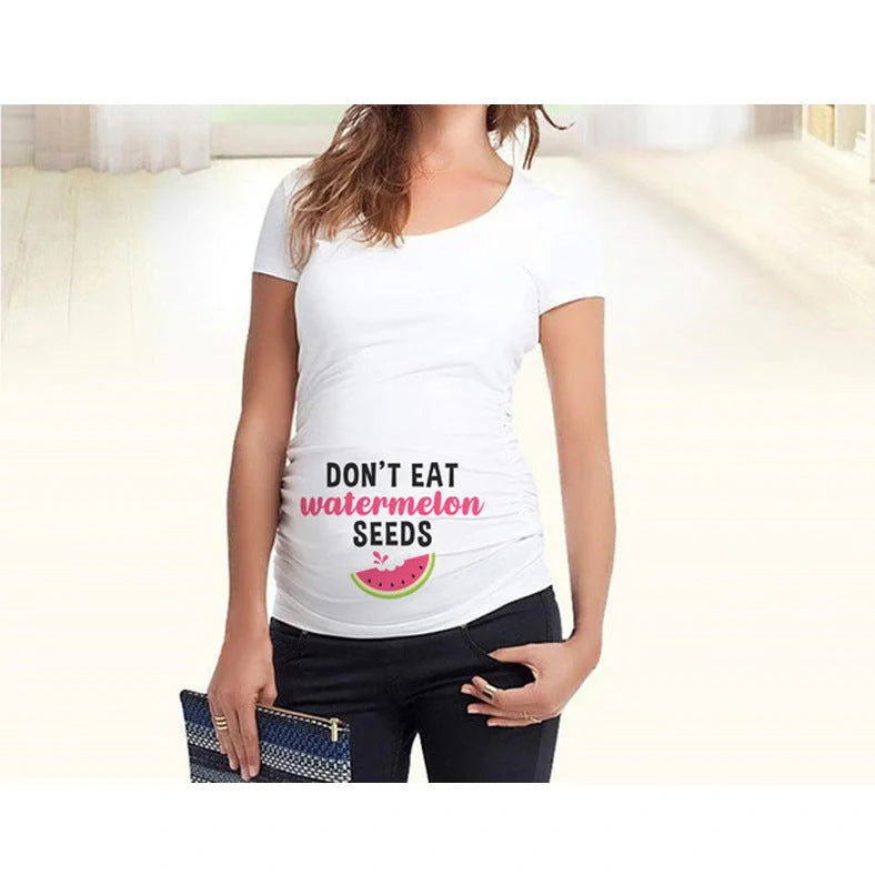 Women's maternity T-shirt with humorous letter print on 50% modal fabric, slim fit design for pregnancy comfort