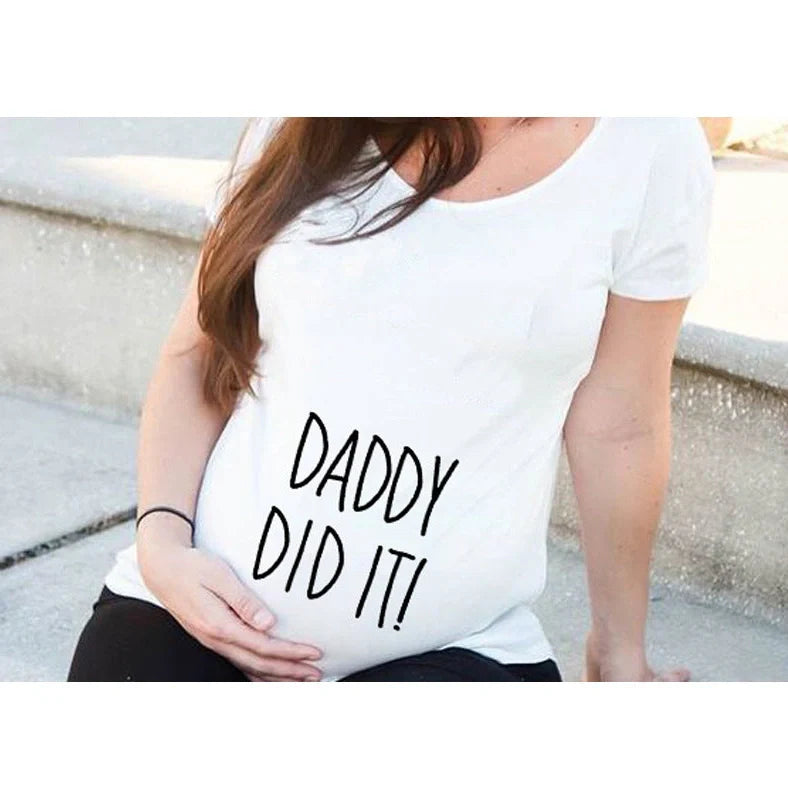 Women's maternity T-shirt with humorous letter print on 50% modal fabric, slim fit design for pregnancy comfort