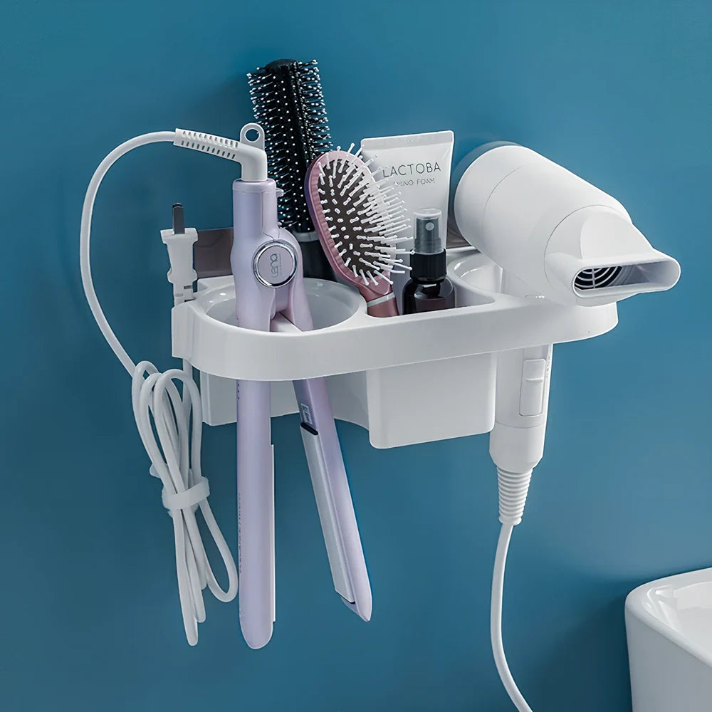 White plastic hair dryer storage rack with 20 compartments mounted on bathroom wall