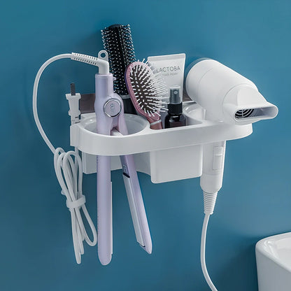 White plastic hair dryer storage rack with 20 compartments mounted on bathroom wall