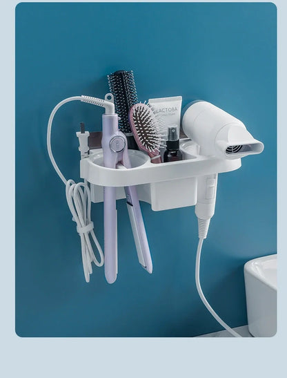 White plastic hair dryer storage rack with 20 compartments mounted on bathroom wall