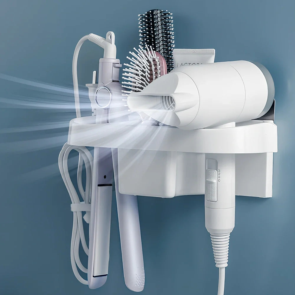 White plastic hair dryer storage rack with 20 compartments mounted on bathroom wall