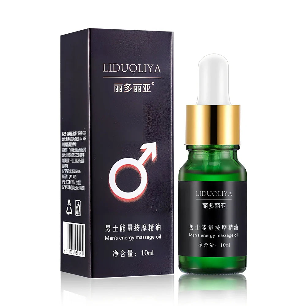 Men's 10ml essential oil in amber glass bottle with dropper applicator for muscle massage