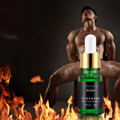 Men's 10ml essential oil in amber glass bottle with dropper applicator for muscle massage