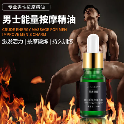 Men's 10ml essential oil in amber glass bottle with dropper applicator for muscle massage