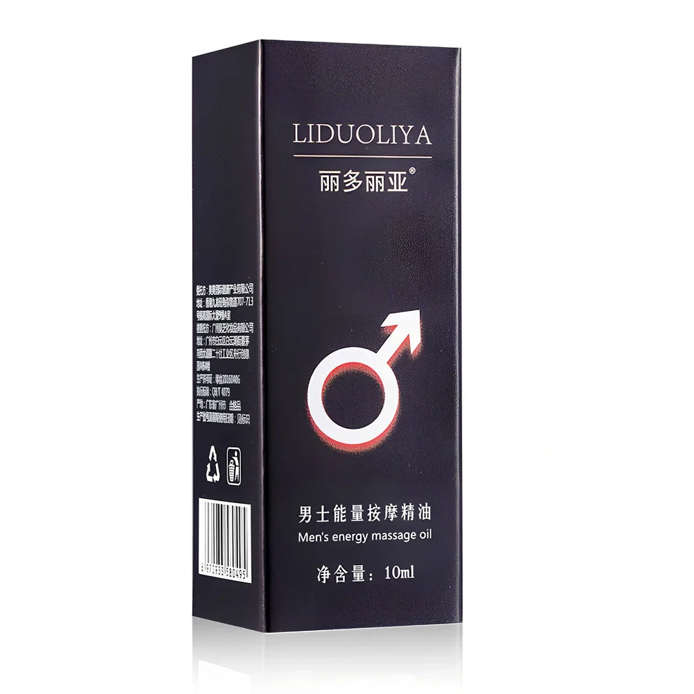 Men's 10ml essential oil in amber glass bottle with dropper applicator for muscle massage