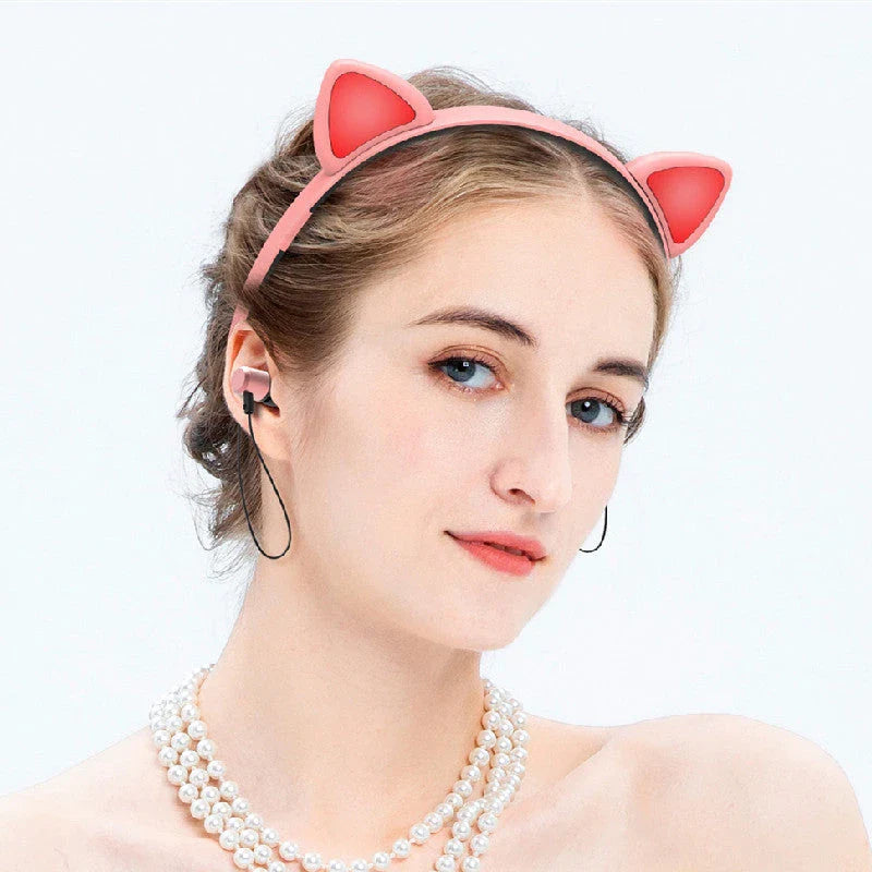 Wireless Bluetooth Headphones with Cute Cat Ear Design, LED Lights, Microphone, and Soft Earmuffs