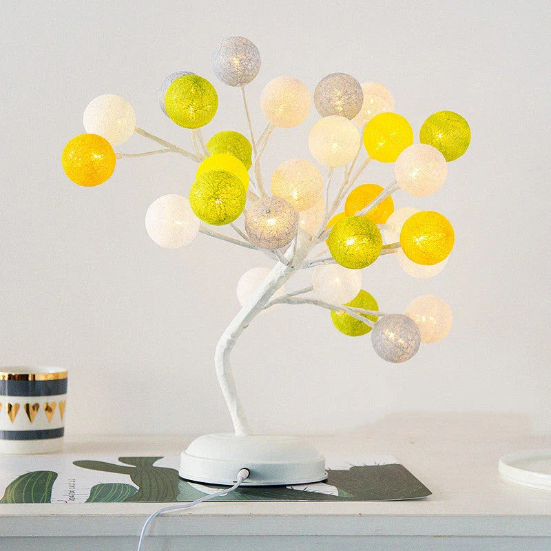 Adjustable rattan ball table lamp with soft, eye-friendly LED cotton ball lighting and customizable tree-like shape