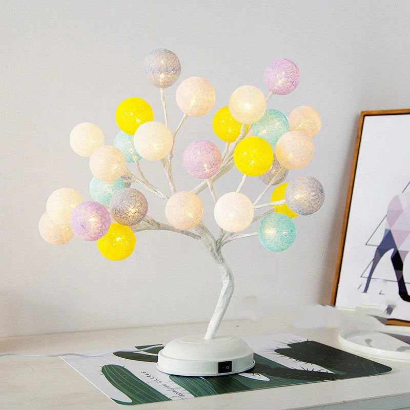 Adjustable rattan ball table lamp with soft, eye-friendly LED cotton ball lighting and customizable tree-like shape