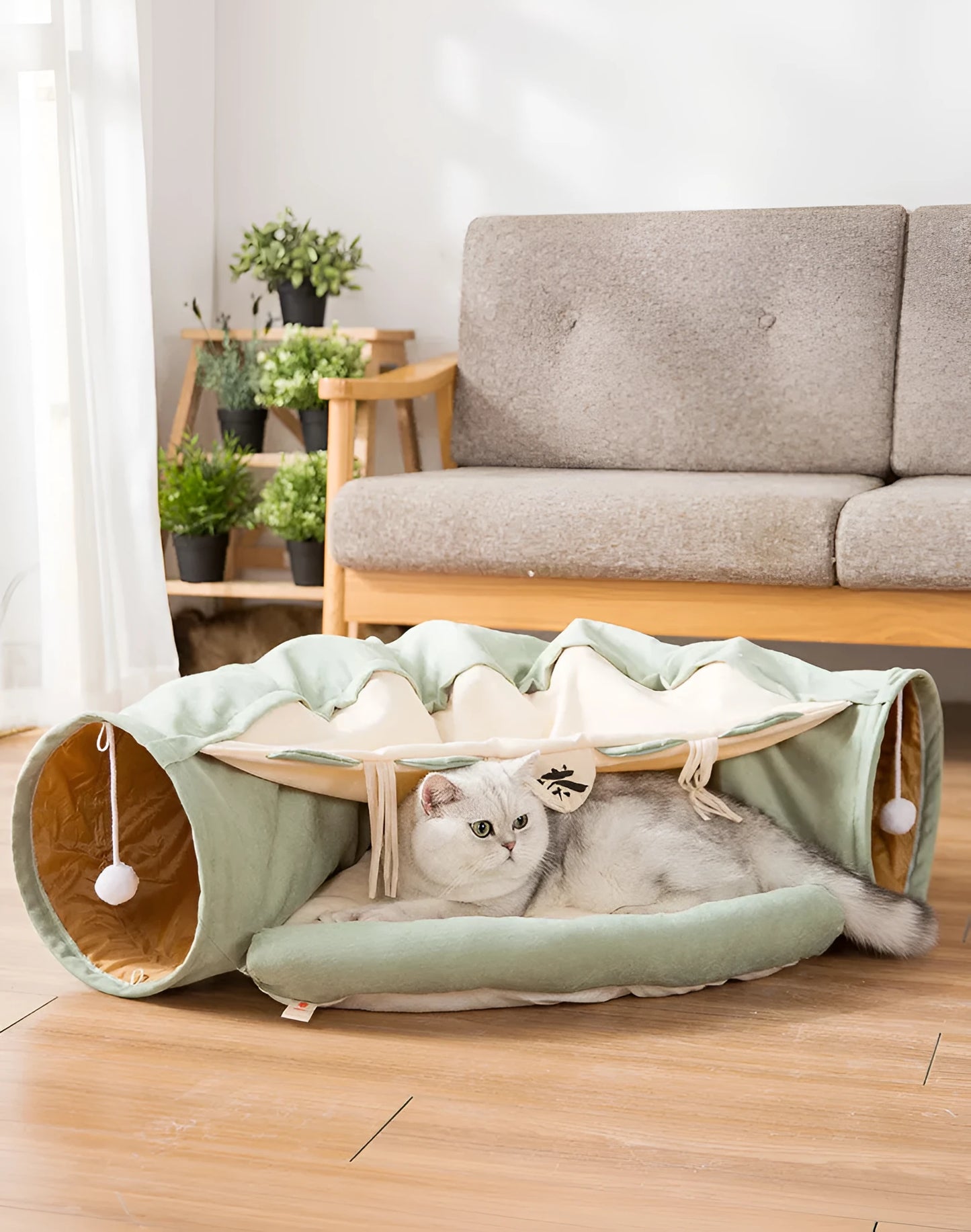 Collapsible cat tunnel in cloth material showing Bar, Coffee, Matcha and Pink colour options