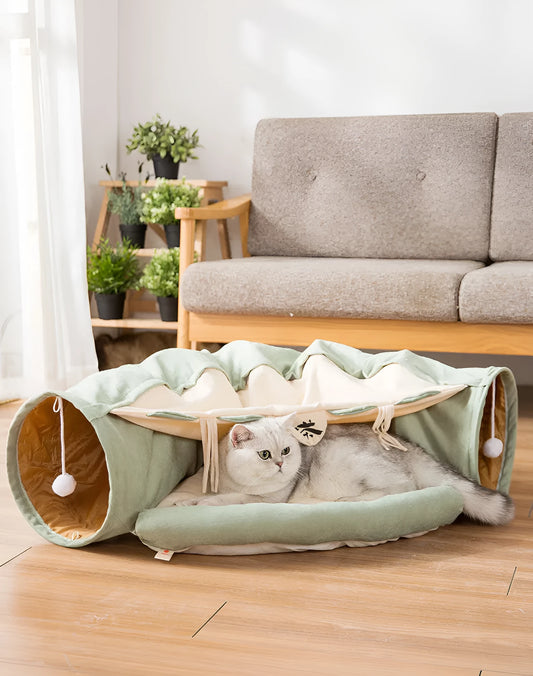 Collapsible cat tunnel in cloth material showing Bar, Coffee, Matcha and Pink colour options
