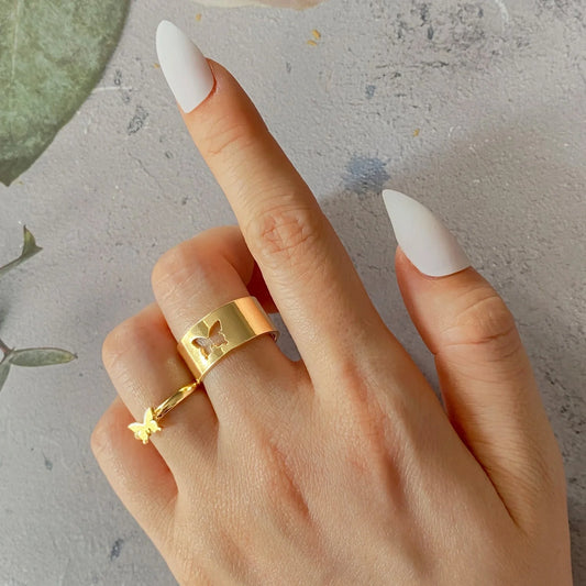 Trendy Adjustable Butterfly Couple Rings Set in gold and silver, perfect for punk style lovers