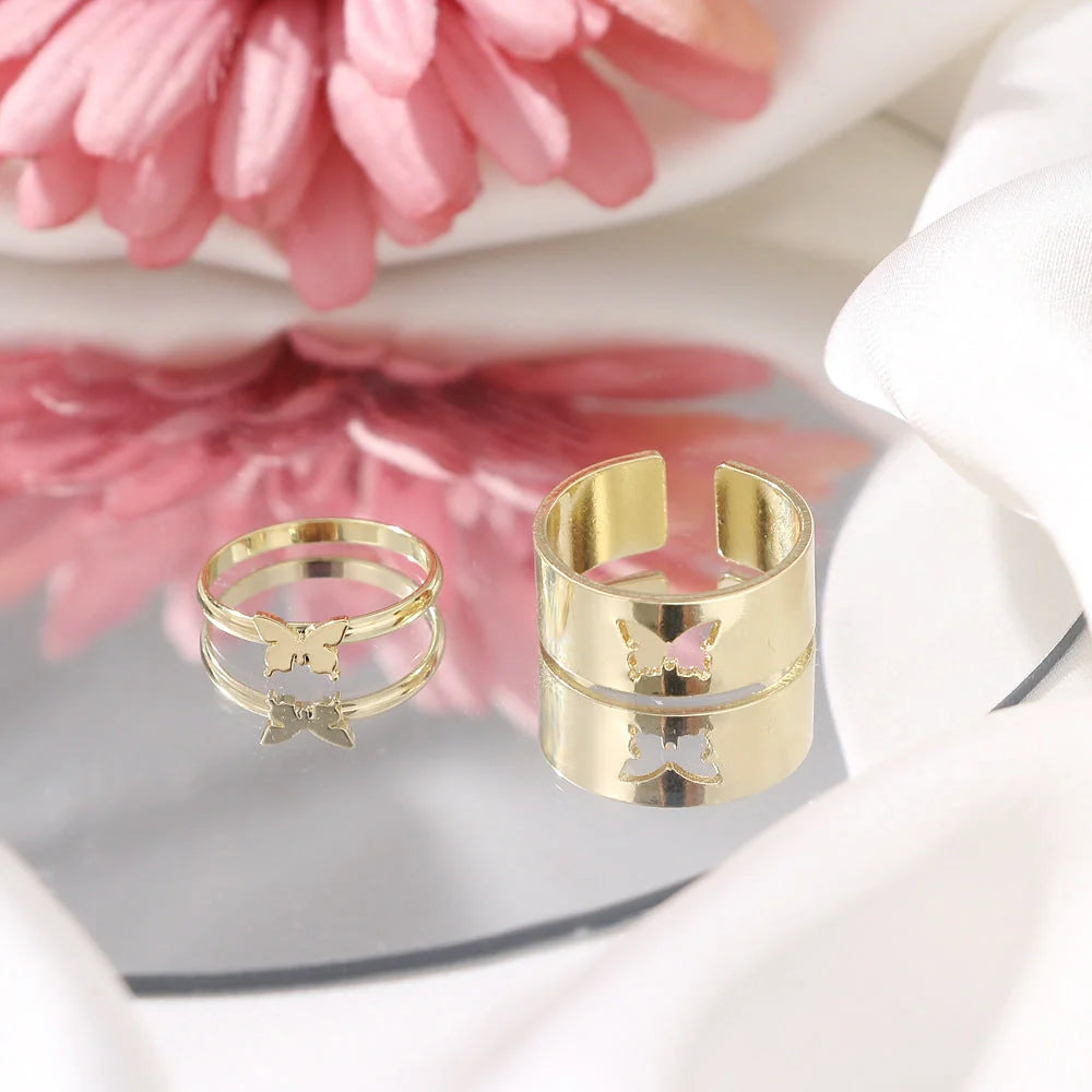 Trendy Adjustable Butterfly Couple Rings Set in gold and silver, perfect for punk style lovers