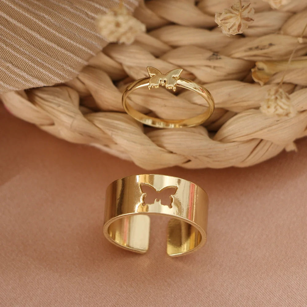 Trendy Adjustable Butterfly Couple Rings Set in gold and silver, perfect for punk style lovers
