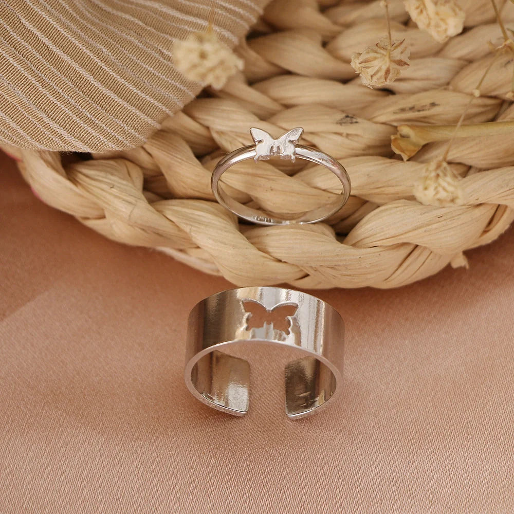 Trendy Adjustable Butterfly Couple Rings Set in gold and silver, perfect for punk style lovers