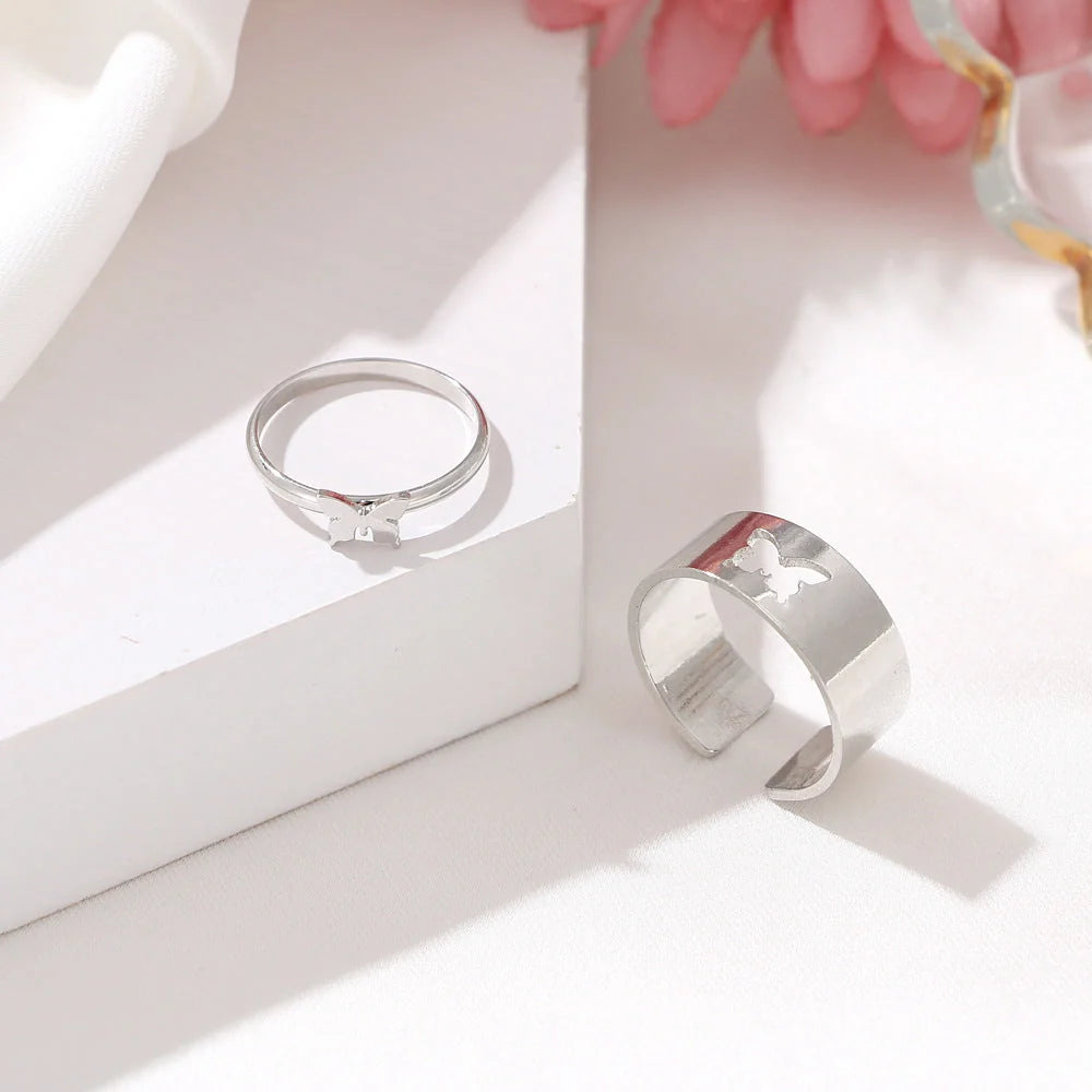 Trendy Adjustable Butterfly Couple Rings Set in gold and silver, perfect for punk style lovers
