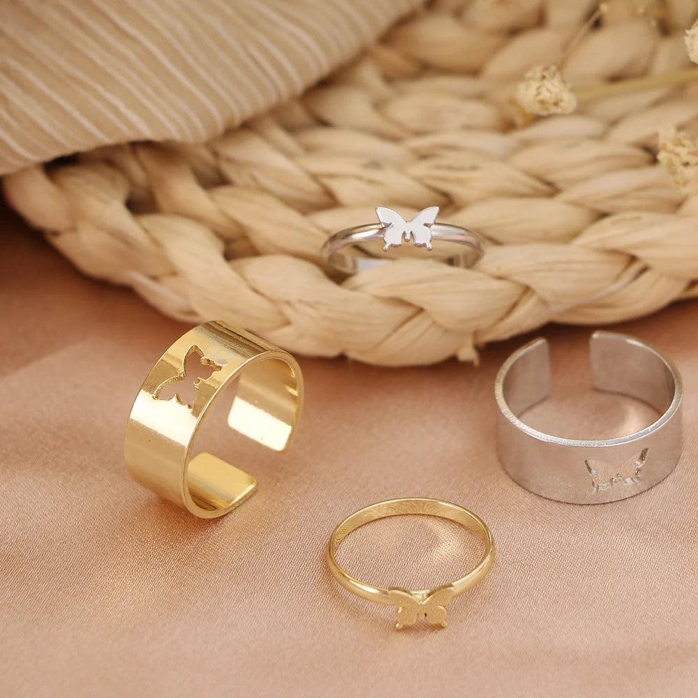 Trendy Adjustable Butterfly Couple Rings Set in gold and silver, perfect for punk style lovers