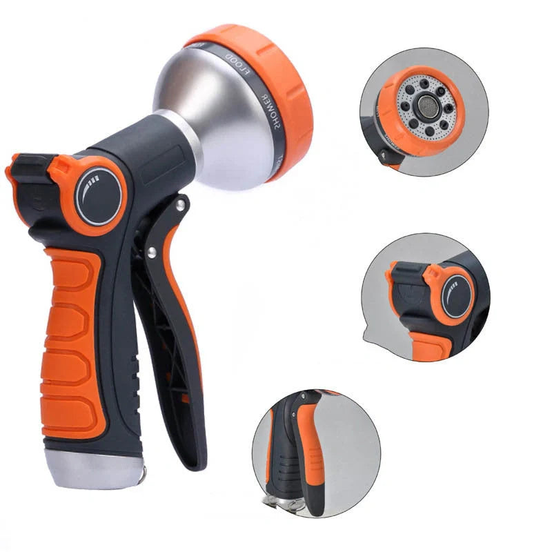 Upgraded garden hose nozzle with 8 adjustable spray modes in orange