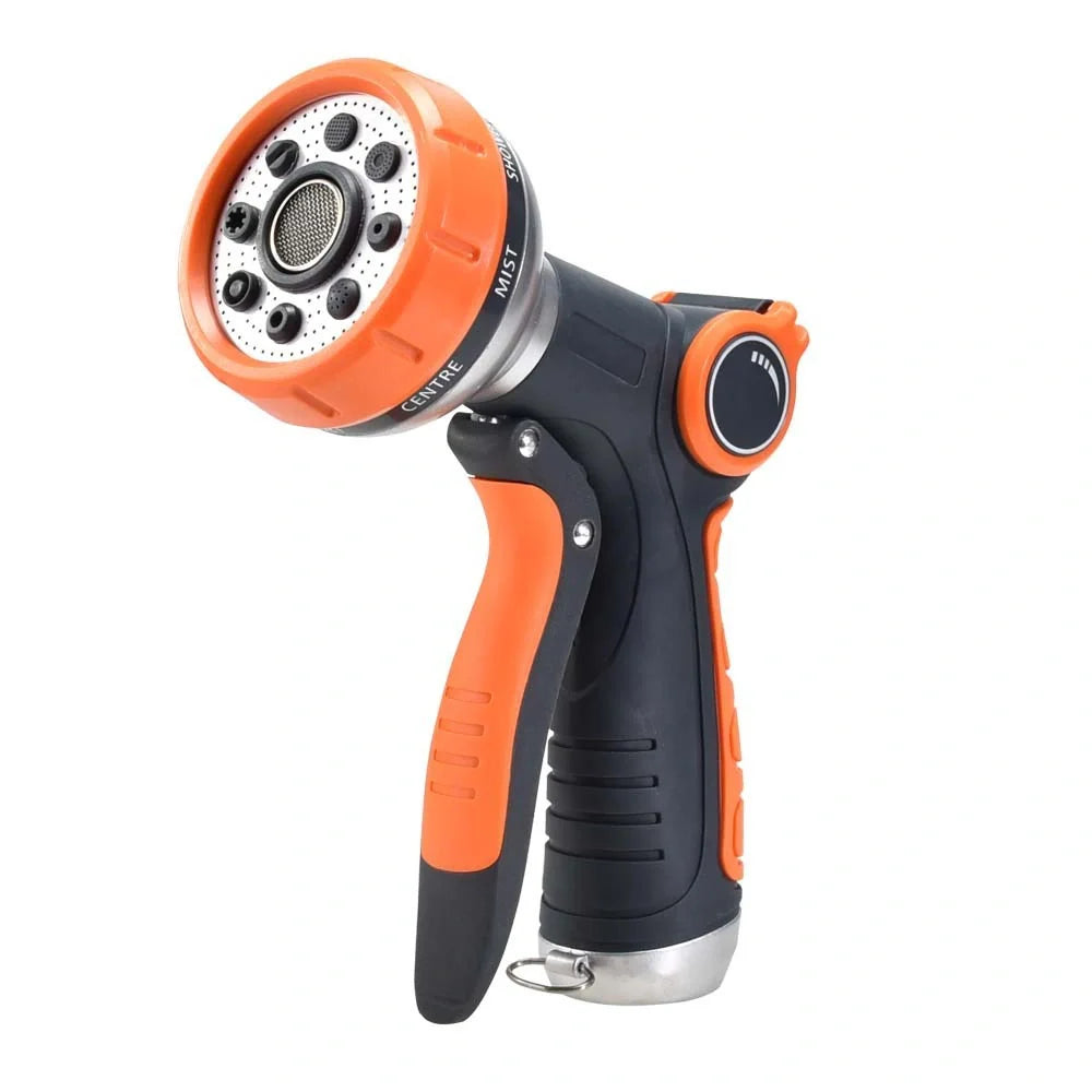 Upgraded garden hose nozzle with 8 adjustable spray modes in orange