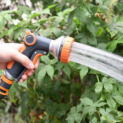 Upgraded garden hose nozzle with 8 adjustable spray modes in orange