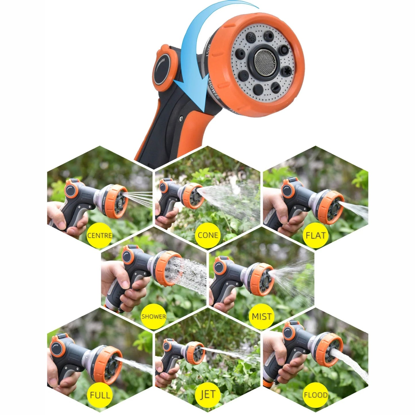 Upgraded garden hose nozzle with 8 adjustable spray modes in orange