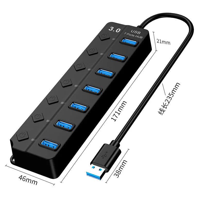 Black 7-port USB 3.0 hub with external power adapter on desktop