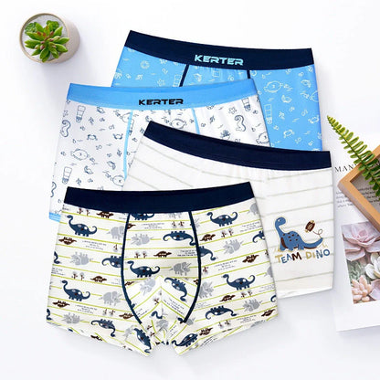Boy's cotton underwear with dinosaur and seahorse designs in boxer brief and brief styles