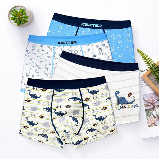 Boy's cotton underwear with dinosaur and seahorse designs in boxer brief and brief styles