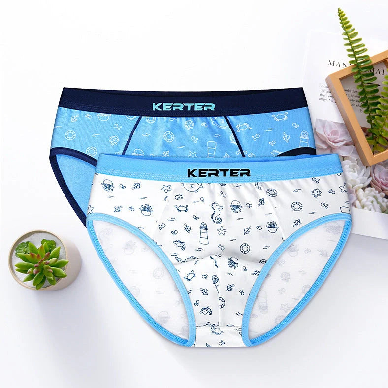 Boy's cotton underwear with dinosaur and seahorse designs in boxer brief and brief styles