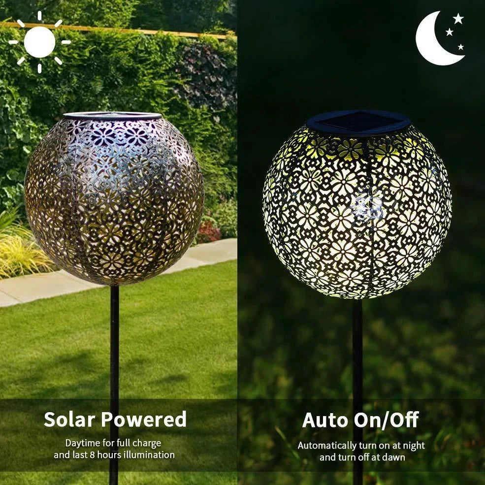 Solar wrought iron ground ball lamp with 15x15x46cm dimensions and LED lighting for garden pathways