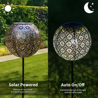 Solar wrought iron ground ball lamp with 15x15x46cm dimensions and LED lighting for garden pathways