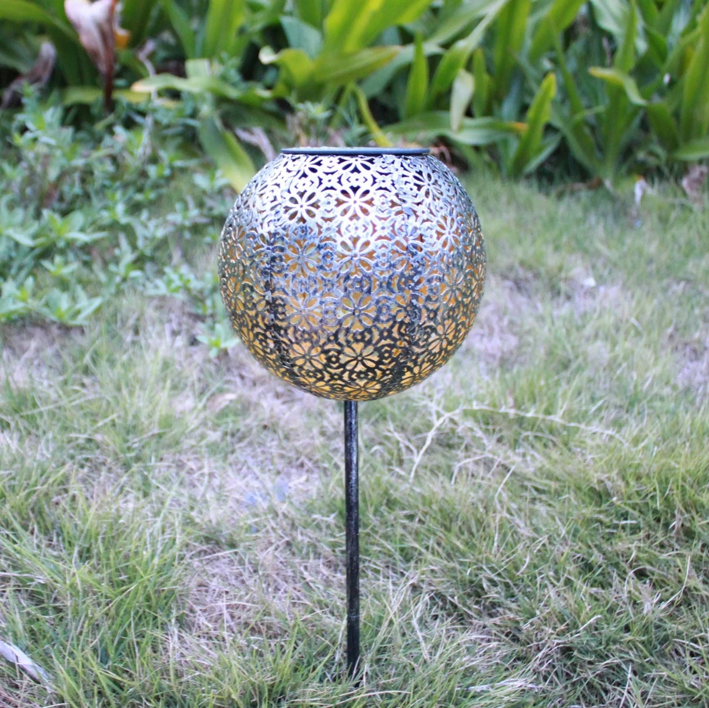 Solar wrought iron ground ball lamp with 15x15x46cm dimensions and LED lighting for garden pathways