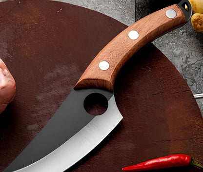 Stainless steel boning knife with rosewood handle and optional leather holster for chopping meat and filleting fish