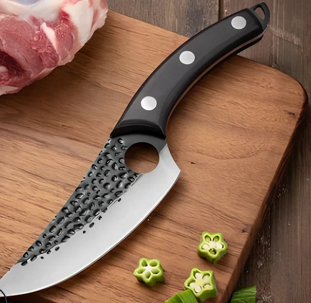 Stainless steel boning knife with rosewood handle and optional leather holster for chopping meat and filleting fish