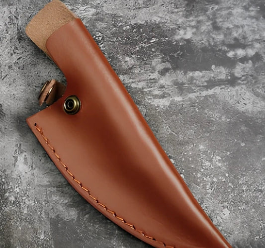 Stainless steel boning knife with rosewood handle and optional leather holster for chopping meat and filleting fish