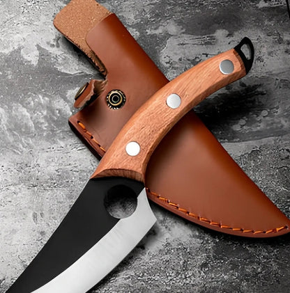 Stainless steel boning knife with rosewood handle and optional leather holster for chopping meat and filleting fish